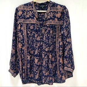 Lucky Brand Floral Long Sleeve Blue & Brown Blouse